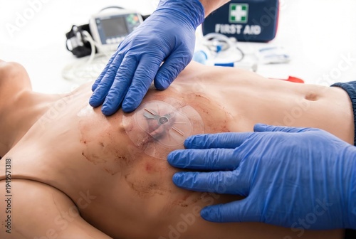 Paramedic wearing blue gloves applying a vented chest seal to a simulated wound on a medical training dummy