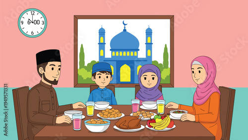 Cartoon illustration of a Muslim family sitting at a dining table with traditional food and a mosque picture on wall.