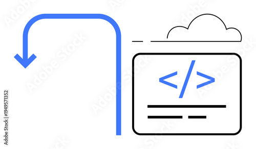 Cloud computing, data transfer, coding, web development, software solutions, technology trends. Icon of code interface with cloud and arrow flow. Cloud computing and data transfer concept