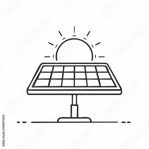 Line art illustration of a solar panel with the sun shining above it, representing renewable energy.