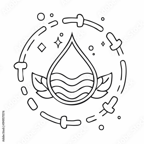 Line art illustration of a water drop with waves and leaves, encircled by droplets and stars, symbolizing purity and natural essence.