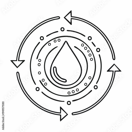 Line art illustration of a water droplet surrounded by circular elements and arrows depicting a cycle or purification process.