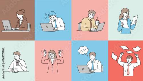 Cartoon illustration of stressed office workers and business people experiencing burnout, exhaustion, and frustration at work in colorful grid layout.