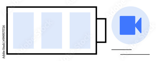 Energy conservation, video production, media technology, device battery status, content creation, digital storage. Battery icon with video camera symbol. Energy conservation and video production