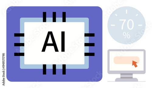 Artificial intelligence, digital progress, machine learning, data processing, automation, computer technology. AI microchip, progress gauge computer screen. AI technology and data processing concept