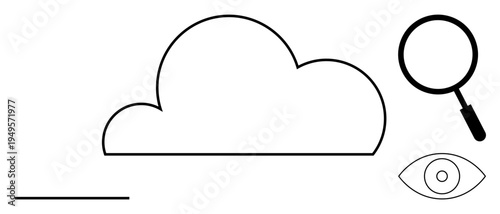Cloud storage concept. Cloud icons with magnifying glass and eye symbols data security and monitoring. Cloud storage promoting data analysis and cybersecurity. For tech, apps, IT, security solutions