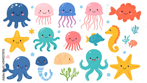 Collection of Cute Marine Life Vector Illustrations Featuring Pufferfish Jellyfish Clownfish Seahorse Octopus and Starfish with Happy Faces