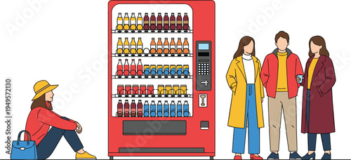 People standing near beverage vending machine with woman sitting nearby, modern urban lifestyle scene showing public refreshment service, drink dispenser concept vector illustration