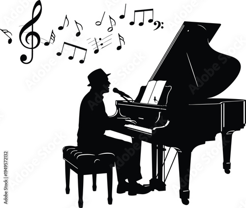Pianist playing grand piano silhouette with musical notes, singer performing live music, classical jazz performance, musician concert illustration isolated on white background