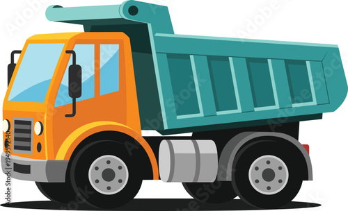 Cartoon Orange and Blue Industrial Dump Truck for Construction Site Logistics Heavy Machinery Transport and Building Industry Vector Graphic Illustration