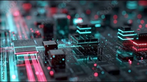 Futuristic computer processor and neon data pathways representing artificial intelligence and digital computing.
Advanced technology background with glowing circuit network and cyber hardware architec