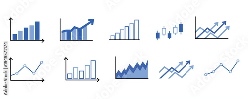 Blue Financial Growth Graph and Business Data Chart Icon Set