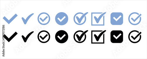 Set of Blue and Black Checkmark Icons and Tick Symbols