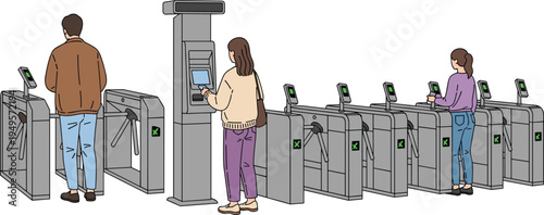 Public transport ticket gate system with passengers using contactless card scanner and automated turnstile entrance, modern metro station access control vector illustration