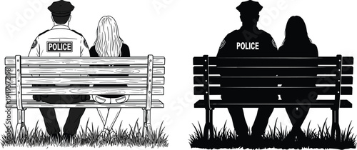 Police officer and woman sitting on park bench rear view illustration, law enforcement silhouette scene, public safety concept, community protection and security service