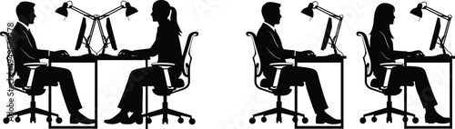 Silhouette office workers using computers at desks, collaborative teamwork versus independent work concept, modern workplace productivity, remote communication and professional business 