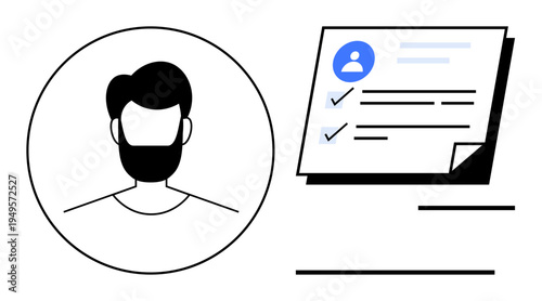 User avatar with beard next to a profile form featuring tasks and checkmark icons. Ideal for identity, profile creation, CVs, onboarding, recruitment, HR, productivity, simple flat metaphor