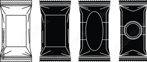 Snack packaging mockup set with blank wrapper templates, front and back views for branding design, food package layout vector illustration isolated on background