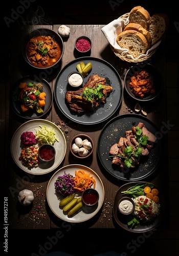 Assortment of traditional eastern european dishes on a rustic wooden table
