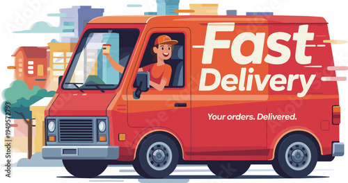 Cartoon Red Fast Delivery Van with Courier Driver for Express Shipping Logistics Online Shopping Service and Commercial Transport Vector Illustration