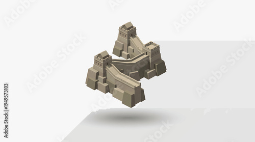 A 3D rendering of a section of the Great Wall of China, a historic defensive fortification with battlements and watchtowers, casting a shadow on a plain surface