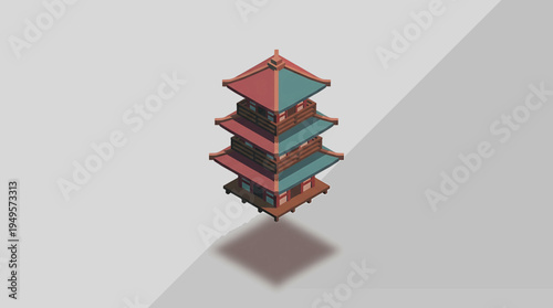 A serene, five-story pagoda, a symbol of traditional Asian architecture, floats ethereally against a minimalist background, casting a subtle shadow below