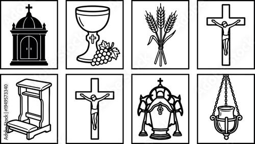 Black line art catholic religious icons set showing crucifix chalice grapes wheat sanctuary kneeler and hanging lamp vector illustration