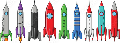 Cartoon rocket collection with colorful space launch designs, featuring various shapes, windows, and flame effects in vector style