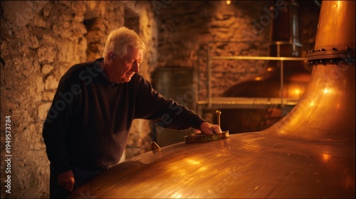 Distillery worker inspecting copper still