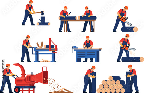 Collection of professional lumberjacks and woodworkers operating sawmills, wood chippers, and chainsaws for timber processing and forestry, flat vector illustration.