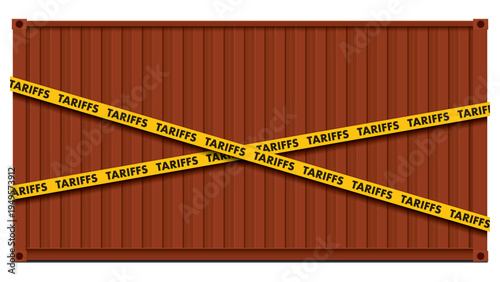 Shipping container blocked by tariffs symbolized warning tape isolated on white background