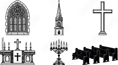 Black and white vector art of gothic church window steeple cross altar candles and wooden pews detailed religious design elements