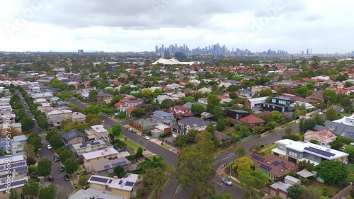 10 March 2026 Panoramic Aerial Drone view of Inner Suburbs of Melbourne housing, roof tops, the streets and the parks, the roads and trees of Ascot Vale Moonee Ponds Essendon VIC Australia
