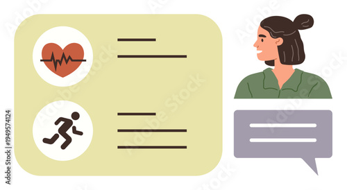 Health monitoring, fitness tracking, digital apps, wellness goals, user interaction, online communication. Heartbeat icon, running icon female user profile text boxes. Health monitoring and fitness
