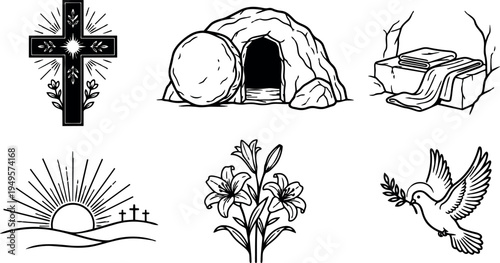 Hand drawn religious symbols including cross with light rays empty tomb with stone rolled away dove with olive branch three crosses sunrise lily flowers detailed line art