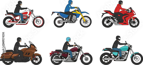 Flat Vector Illustration of Diverse Motorcycles Including Sport Bikes, Choppers, Dirt Bikes, and Touring Cruisers with Riders Wearing Protective Safety Helmets