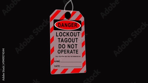 Lockout tagout safety sign hangs on industrial machinery belts to prevent operation and ensure worker protection in hazardous environments.