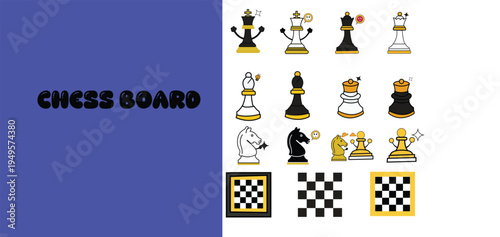 Cute cartoon chess pieces and board with playful design
