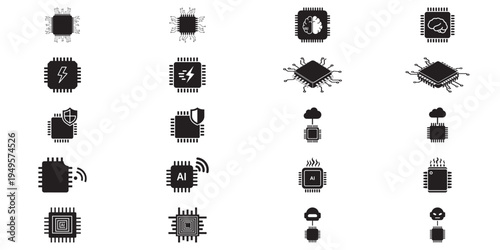 Set of black integrated circuit and computer microprocessor icons on white backgrounds