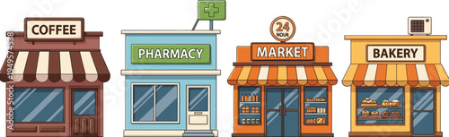 Cartoon storefront set featuring coffee shop, pharmacy, market, and bakery, ideal for community, business, and urban design themes.