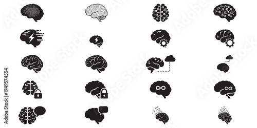 Brain icons, technology, science, AI, cybersecurity, and digital processing concepts
