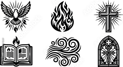Black and white vector art of dove flying with flames burning holy bible and fire wind swirls with cross and stained glass window religious icons