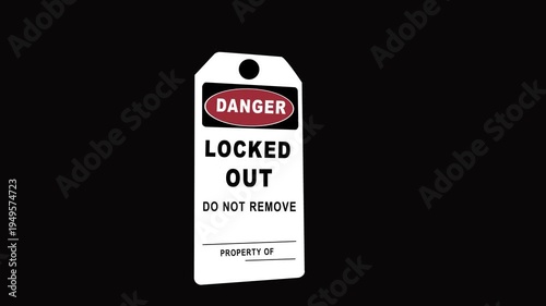 Locked out danger tag hangs on industrial machinery part emphasizing safety belts and caution in workplace environment.