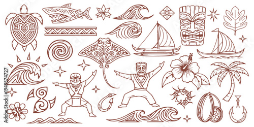 Hawaiian tribal design elements with turtle, shark, waves, tiki, flowers, and canoe