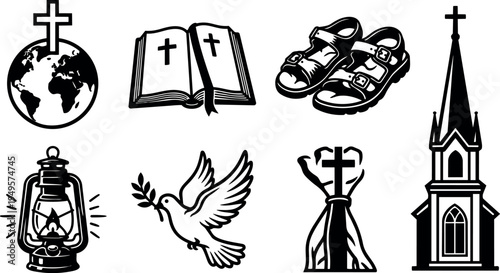 Black silhouette vector icons of globe with cross book with crosses sandals lantern flying dove praying hands and church steeple symbols
