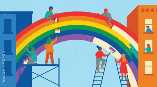 People Building a Colorful Rainbow Wall.