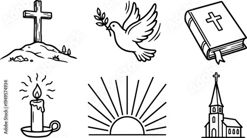 Black line art illustrations of hill cross dove bible candle sun rays and church building religious symbols vector set