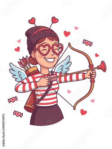 Cartoon Cupid with Bow and Arrow in Love Theme.