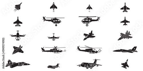 Military aviation and aircraft fleet icons featuring jets helicopters and drone systems