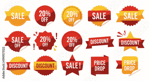 Collection of sale discount price tags.